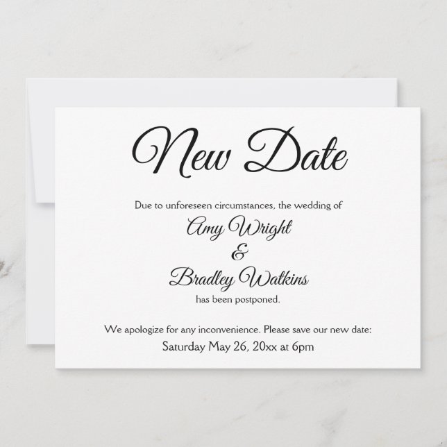 "New Date" Elegante vertagte Hochzeitsankündigung Einladung (Vorderseite)