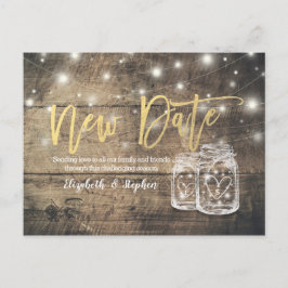 New Date Wedding Postponement Mason Jar Wood Light Ankündigungspostkarte