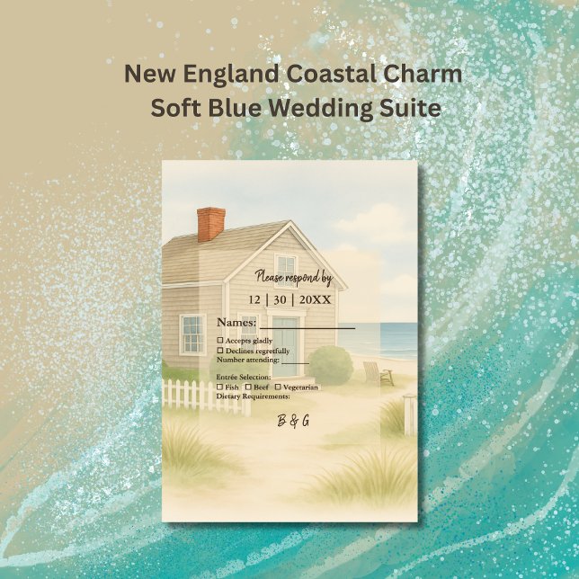 New England Coastal Charme Soft Blue Wedding RSVP Karte (Von Creator hochgeladen)