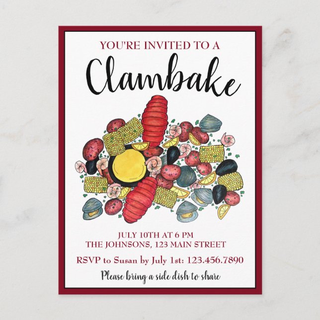 New England Lobster Booking Clambake Seafood Dinne Einladungspostkarte (Vorderseite)