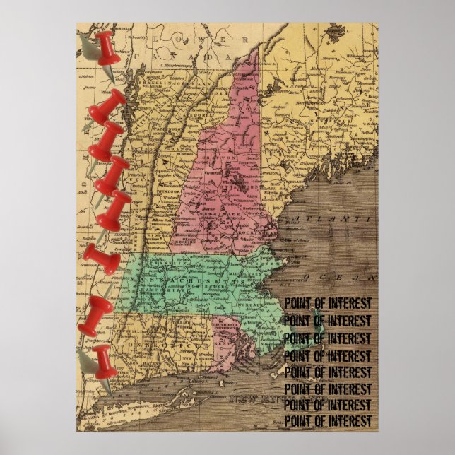 New England Points of Interest Map Marker (1836) Poster (Vorne)