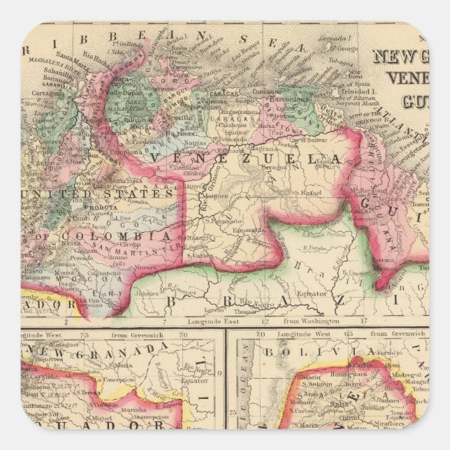 New Granada, Venezuela, Guyana Karte von Mitchell Quadratischer Aufkleber (Vorderseite)