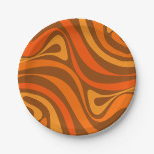 New Groove Trippy Retro 70er Orange Brown Abstrakt Pappteller