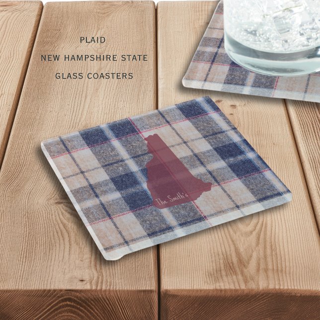 New Hampshire Plaid Glasuntersetzer (Beautiful glass coasters featuring the state of New Hampshire with a fuzzy plaid backround )