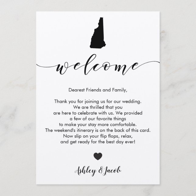 New Hampshire Wedding Welcome Letter & Itinerary Programm (Vorderseite)