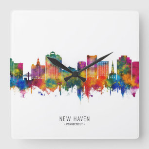 New Haven Connecticut Skyline Quadratische Wanduhr
