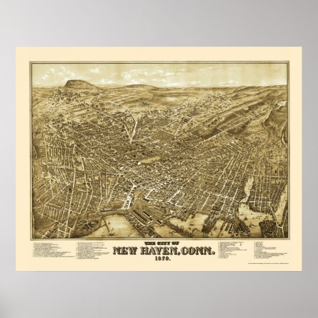 New Haven, CT Panoramic Map - 1879 Poster (Vorne)