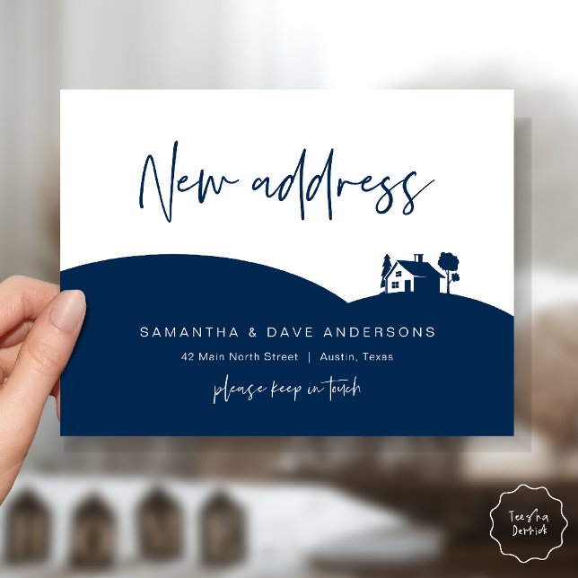 New Home Address Announcement, Little House Postkarte (New Home Address Announcement, Little House Postcard in Navy Blue)