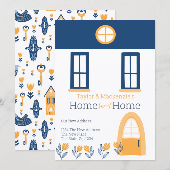 New Home Address Hygge Blue Yellow House Einladung (Vorne/Hinten)