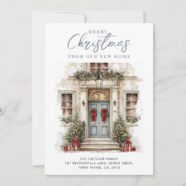 New Home Watercolor Blue Front Door Christmas Feiertagskarte