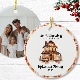 New House Orange Brown Gingham Boho Keramik Ornament