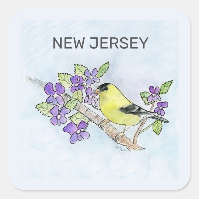 New Jersey-Vogel und -Blume Quadratischer Aufkleber (Vorderseite)
