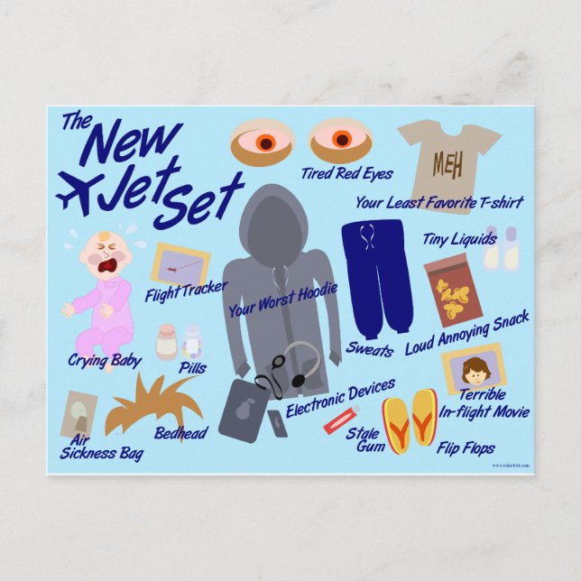 New Jet Set Funny Air Travel Cartoon Parody Postkarte (Vorderseite)