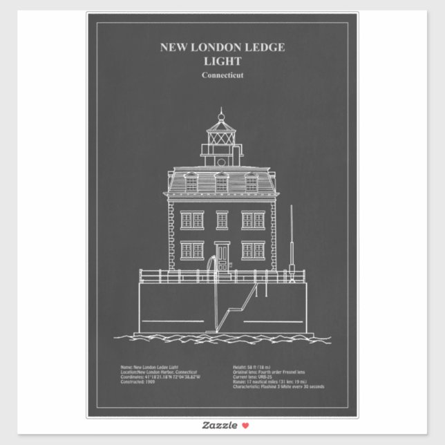 New London Ledge Lighthouse - Connecticut - PD Aufkleber (Blatt)