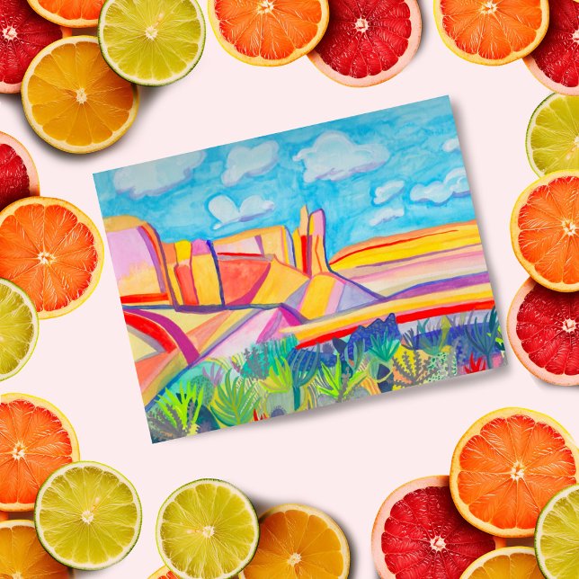 New Mexico Kitchen Mesa Landschaft Art Postkarte (Fun watercolor painting of Kitchen Mesa in New Mexico bright and colorful)