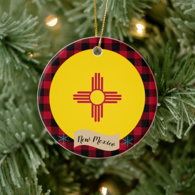 New Mexico, Red Buffalo kariert & New Mexico Flag Keramik Ornament (Baum)