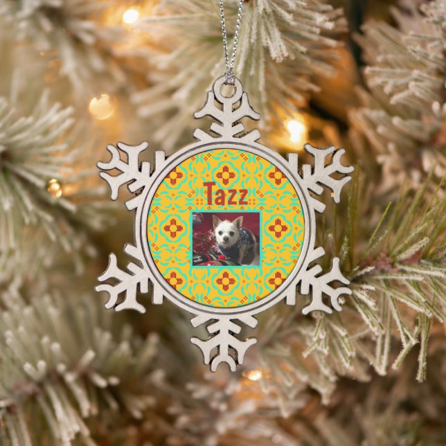 New Mexico Red Zia Türkise Feathers Schneeflocken Zinn-Ornament (Baum)