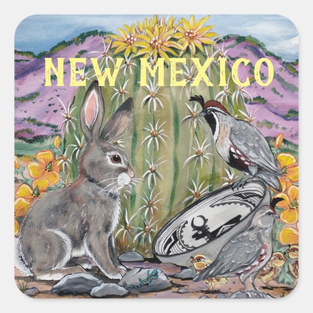 New Mexico Southwest Animal Cactus Art Souvenir Quadratischer Aufkleber (Vorderseite)