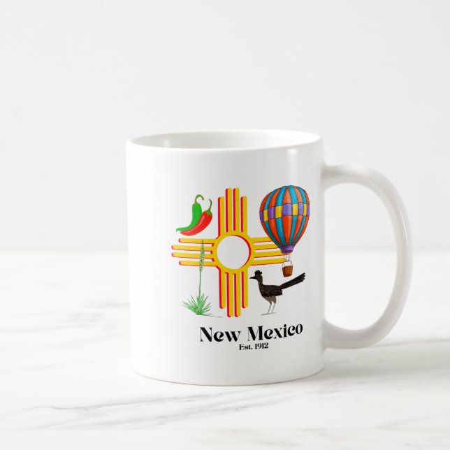 New Mexico Zia_ Chiles, Balloon, Roadrunner, Yucca Kaffeetasse (Rechts)