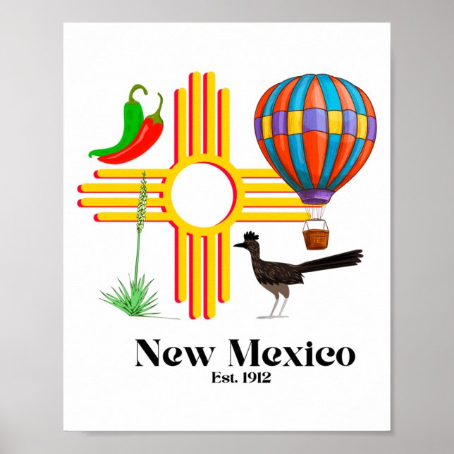New Mexico Zia_ Chiles, Balloon, Roadrunner, Yucca Poster (Vorne)