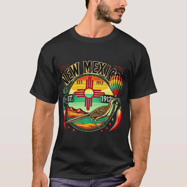 New Mexico Zia Symbol, Roadrunner &amp; Chile Pepp T-Shirt (Vorderseite)