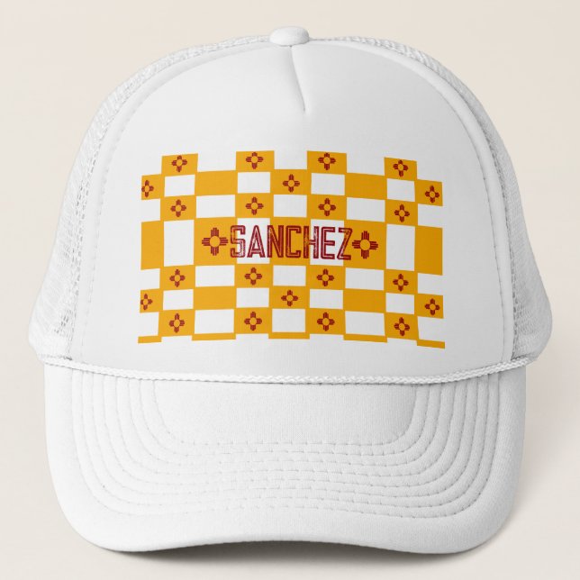 New Mexico Zia Yellow White Squares Truckerkappe (Vorderseite)