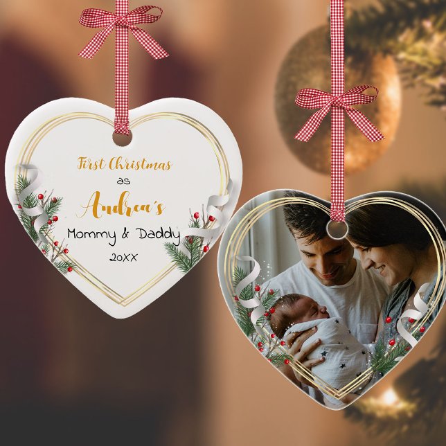 New Mommy Daddy Holly & Pine Gold Frame Foto Keramik Ornament (Von Creator hochgeladen)