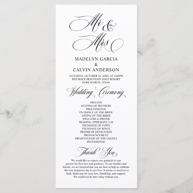 New Mr. and Mrs., Classy Wedding Zeremonie Programm (Vorderseite)