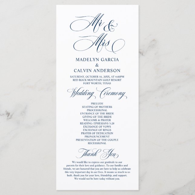 New Mr. and Mrs., Navy Blue, Wedding Zeremony Prog Programm (Vorderseite)