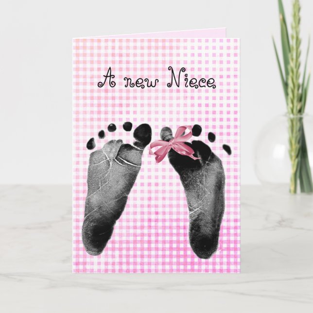 New Niece Footprints auf Pink Gingham Karte (Vorderseite)