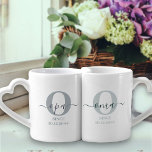 New Oma and Opa Monogram Grey Green Großeltern Liebestassen<br><div class="desc">Tasse-Monogramm-Set der Familie für neues oma und opa (oder etabliert), die Sie mit dem Datum personalisieren können, an dem sie zum ersten Mal Großeltern wurden. Dieses Design hat elegante handgeschriebene Schrift, moderne Typografie und eine subtile Farbpalette von zwei Töne Grau und zwei Töne Grün. Die Tasse haben das monogramm initiale...</div>