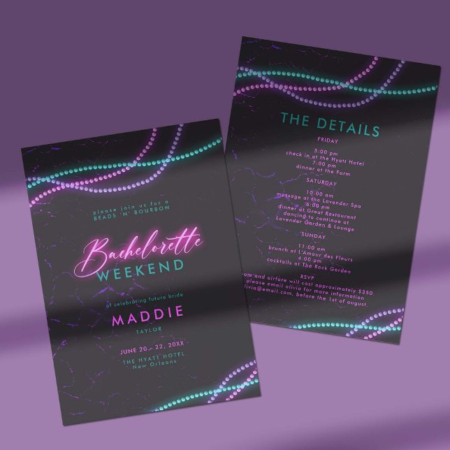 New Orleans Beads Neon Bachelorette Itinerary Einladung (new orleans bachelorette weekend itinerary invitation neon pink teal purple beads and bourbon classy)