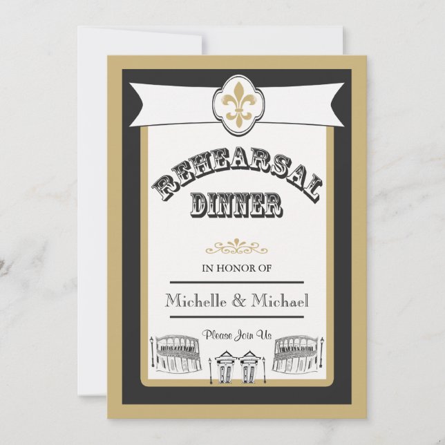 New Orleans Hochzeitsessen Probe Schwarzes Gold Einladung (Vorderseite)