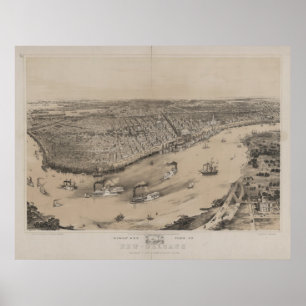 New Orleans Louisana 1851 Antique Panoramabalkarte Poster