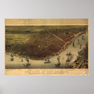 New Orleans Louisana 1885 Antique Panoramabalkarte Poster