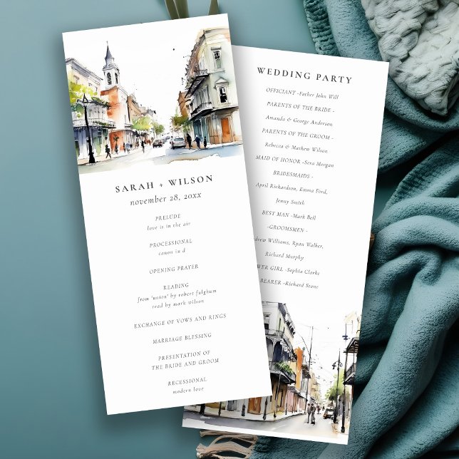 New Orleans Louisiana Watercolor Wedding Program Einladung (Von Creator hochgeladen)