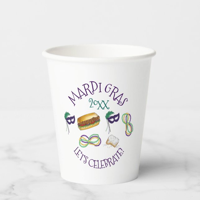 New Orleans Mardi Gras Beignet Beads Maske Po'Boy Pappbecher (Vorderseite)