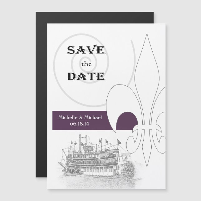 New Orleans Riverboat Save the Date Lila Magneteinladung (Vorne/Hinten)