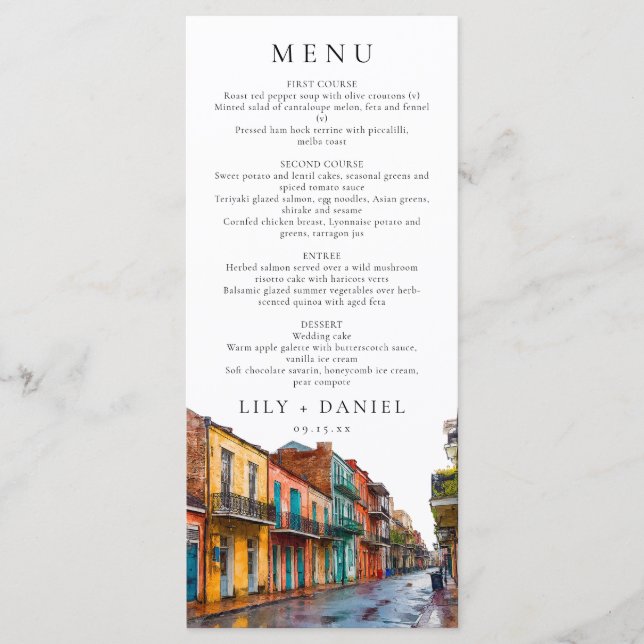 New Orleans Watercolor Destination Wedding Menükarte (Vorderseite)