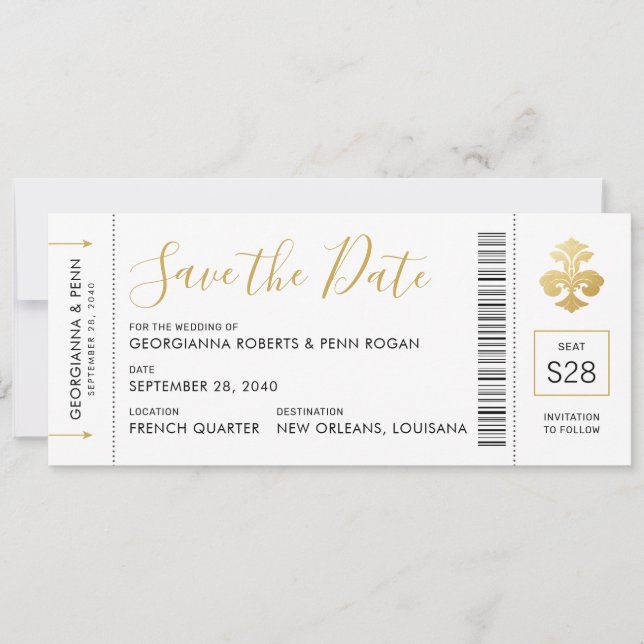 New Orleans Wedding Lilie Boarding Pass Save The Date (Vorderseite)
