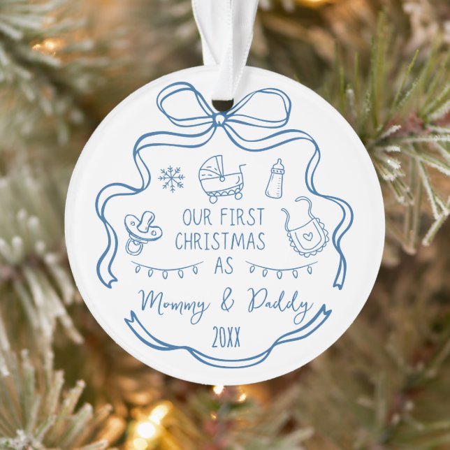 New Parents First Christmas Whimsical Blue Doodles Ornament (Baum)