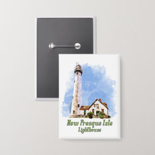 New Presque Isle Lighthouse Watercolor - Michigan Button