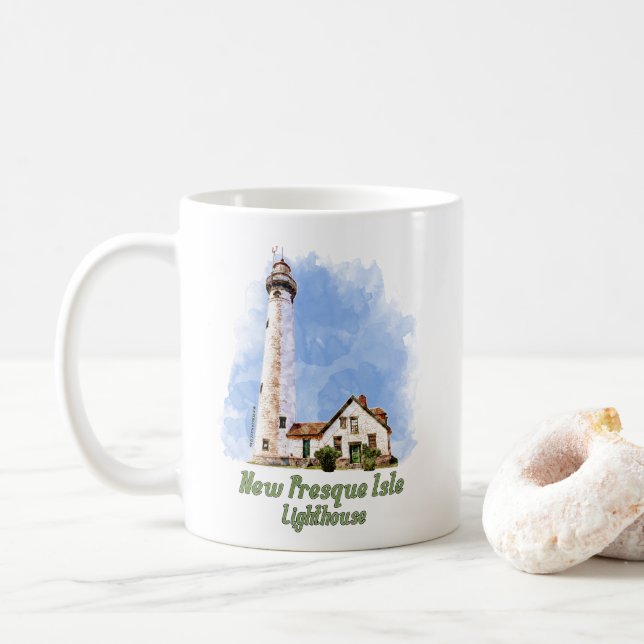 New Presque Isle Lighthouse Watercolor - Michigan Kaffeetasse (Mit Donut)