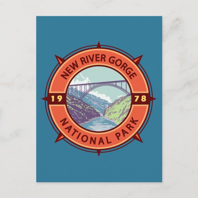 New River Gorge Nationalpark Retro Kompass Emblem Postkarte (Vorderseite)