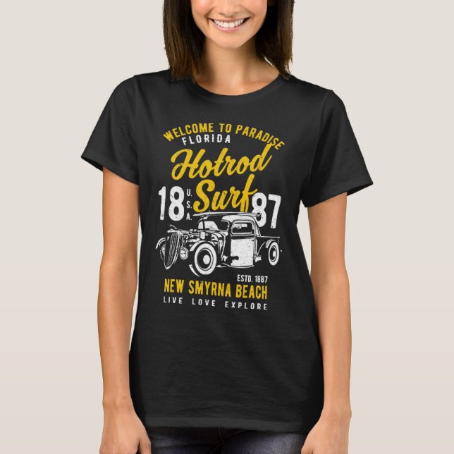 New Smyrna Beach Florida Retro Hotrod Surf Distanz T-Shirt (Vorderseite)