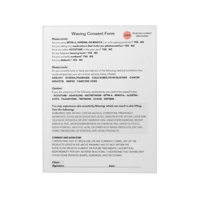*New* Spa salon waxing consent form notepad Notizblock (Rotiert)