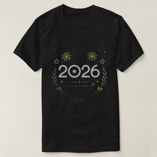New Year 2026 Gold Fireworks “New Year, New Glow” T-Shirt (Design vorne)