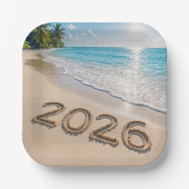 New Year 2026 Text On a Tropical Beach Pappteller (Vorderseite)