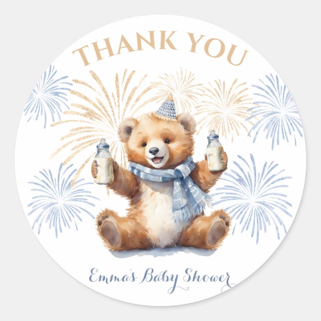 New Year Blue Bear Boy Baby Shower Sticker (Devant)