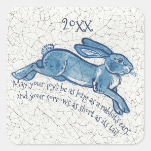 New Year Blue Bunny Rabbit Delft Dedham Datum Quadratischer Aufkleber